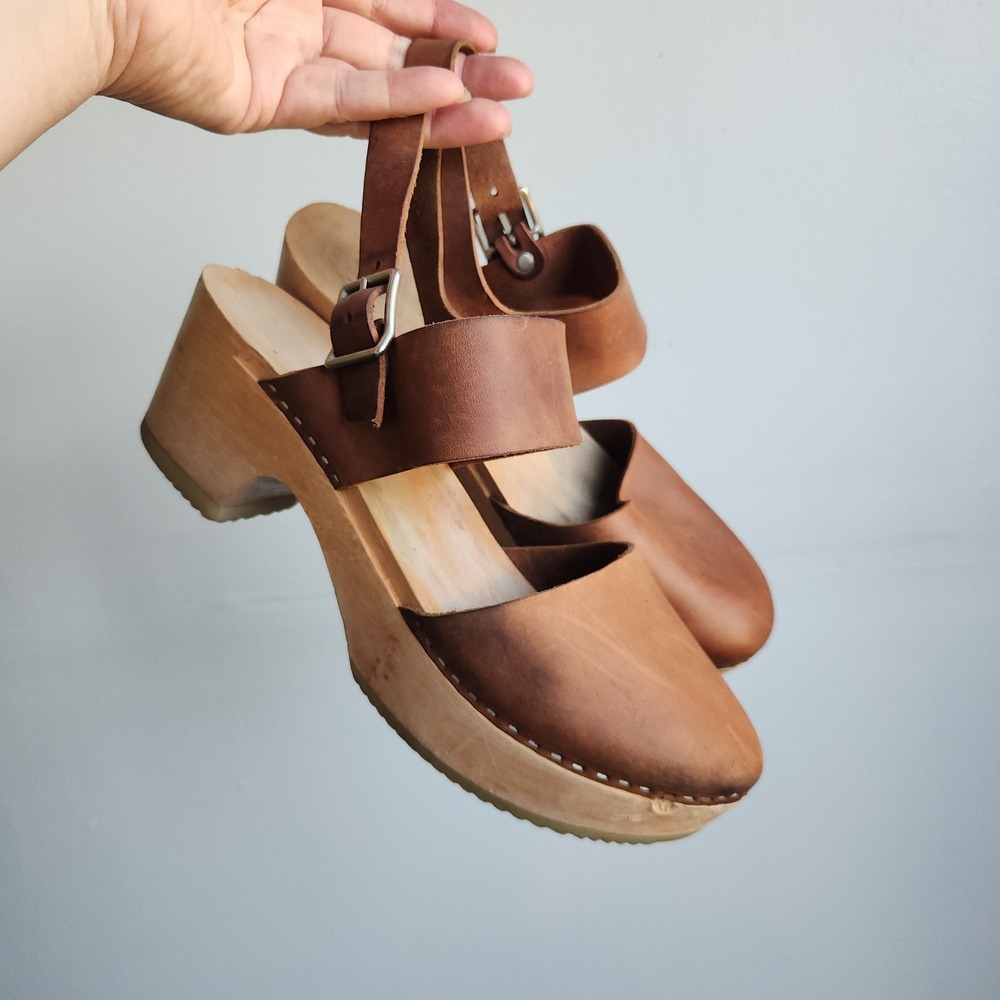 Zuzii Brown Leather Wood Platform Clogs Ankle Strap Buckle Womens US9/ EU 40